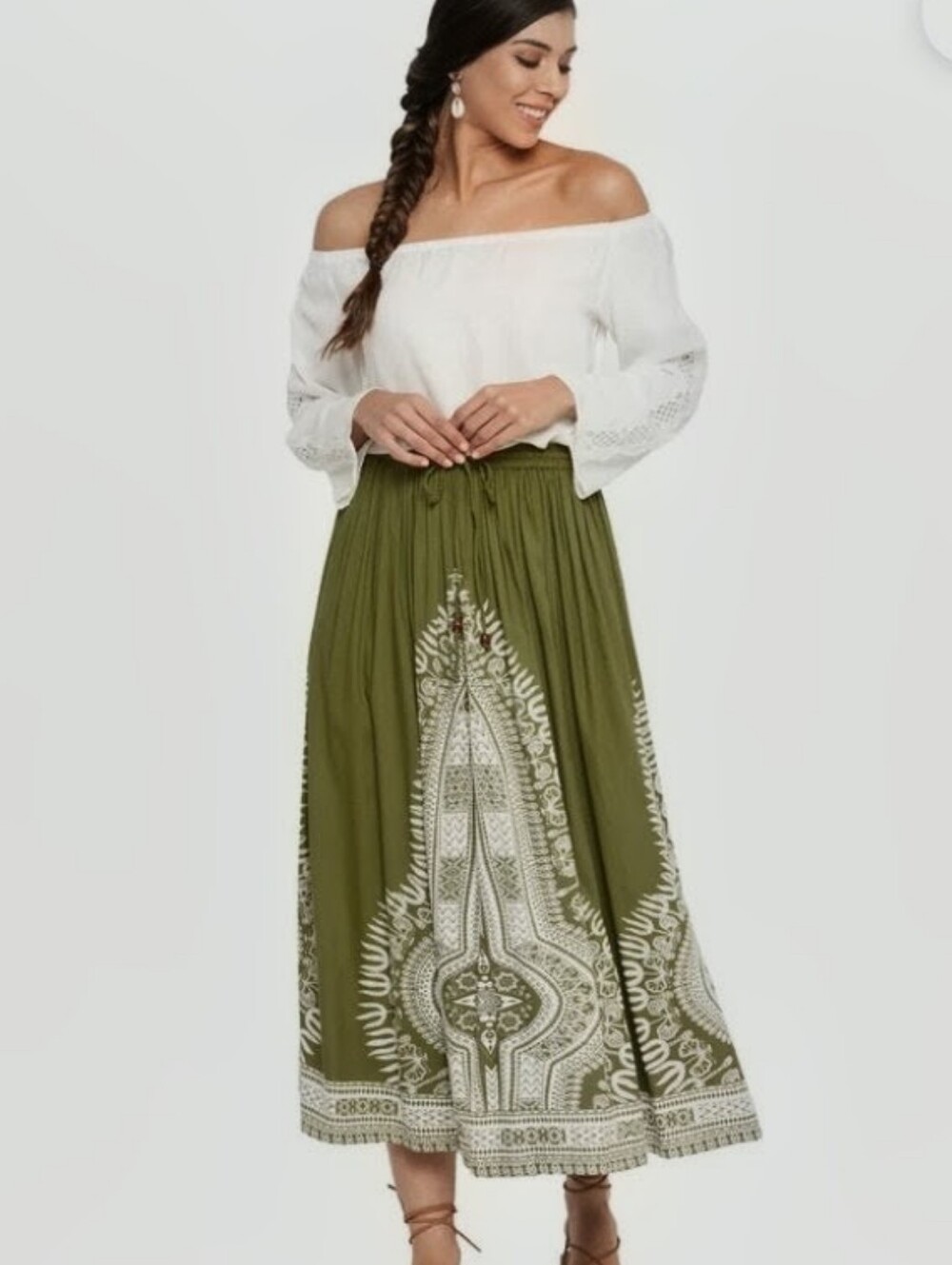 GypsieBlu Sz Lg Olive Sage Green A-Line Drawstring 100% Rayon Boho Midi Skirt